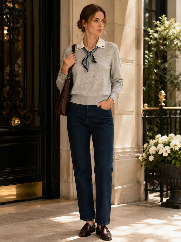 ML62115 Damen-Pullover mit Polokragen, Langarm, Strickpullover mit Kontrastkragen, Modal-Mischung mit Schal, lässiger Pullover für den Frühherbst – Detail 4