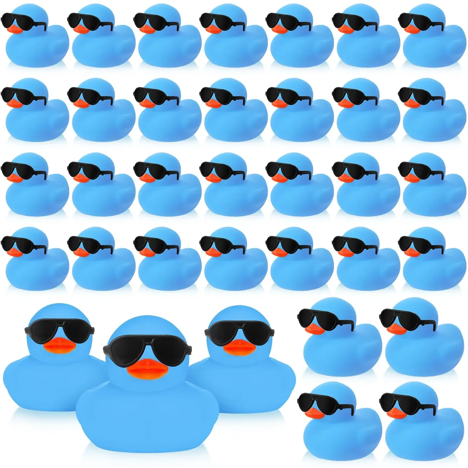 Mini canards en caoutchouc bleu avec lunettes de soleil, ensembles de jouets, canards en caoutchouc grinçants, canards flottants mignons pour fête d'anniversaire, 6/12/24/36 pièces