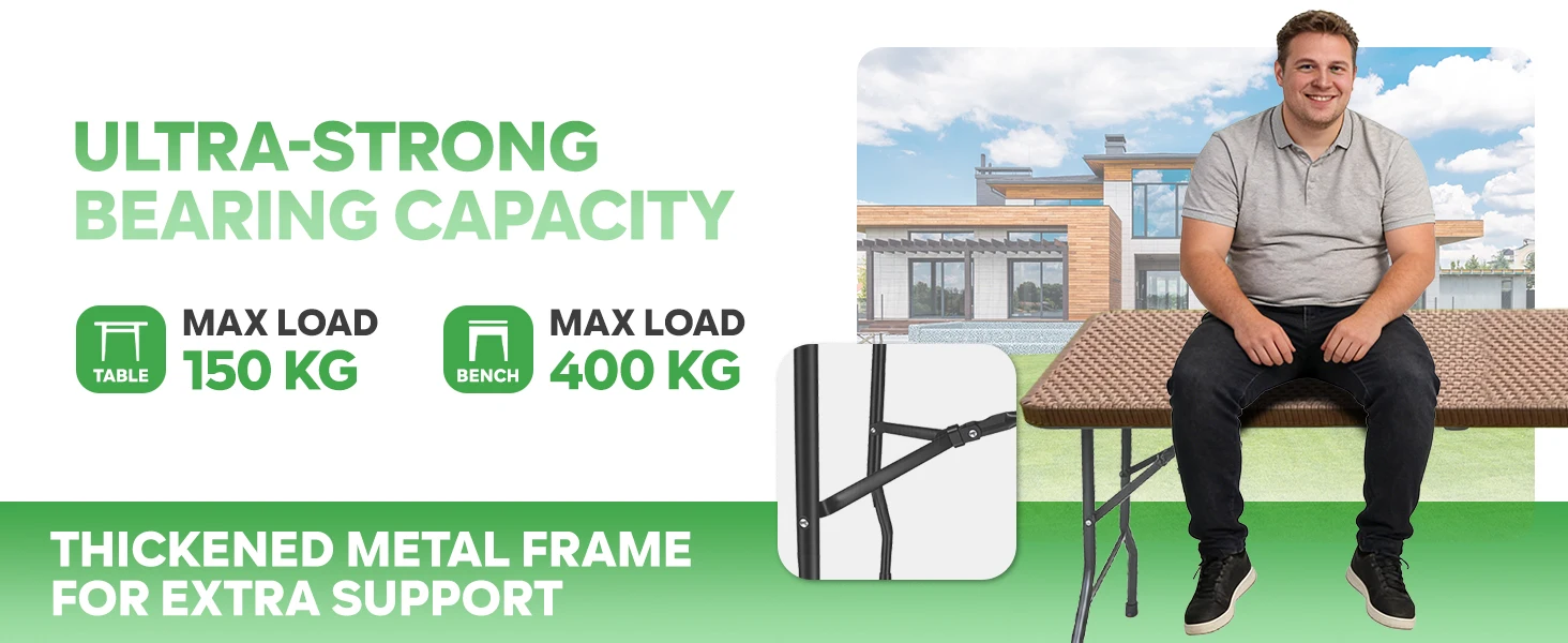 Klappbarer Tisch + 2 Bänke Set 180cm, Outdoor Campingmöbel HDPE Rattanoptik, Eisenrahmen, Tragfähigkeit 150kg/400kg, Klappbar Für Garten Terrasse Picknick – Detail 5