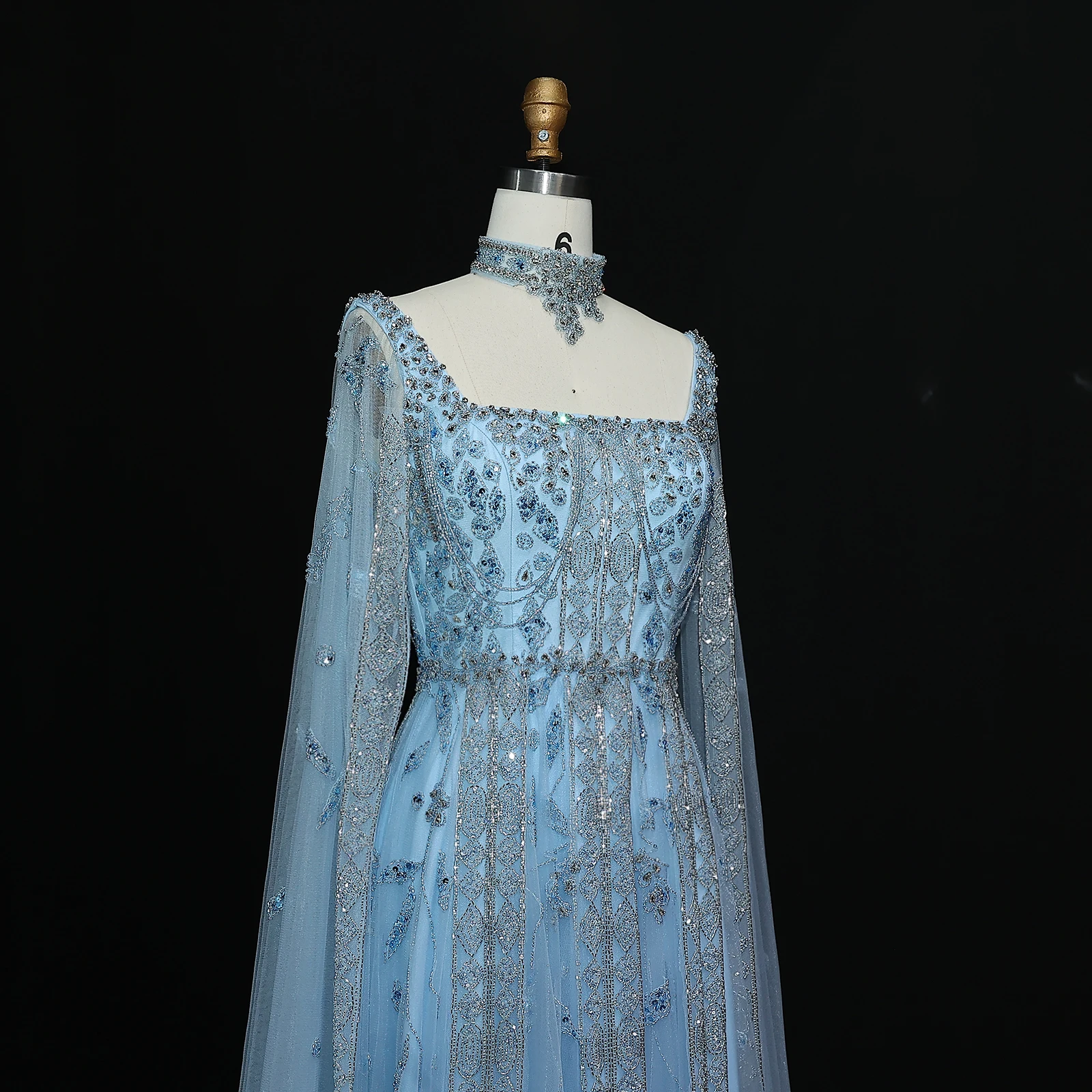 Sharon Said Elegantes Dubai Nude Arabisches Abendkleid mit Cape-Ärmeln Choker Weinrot Hochzeitsfeierkleider SS543 Maßanfertigung – Detail 29