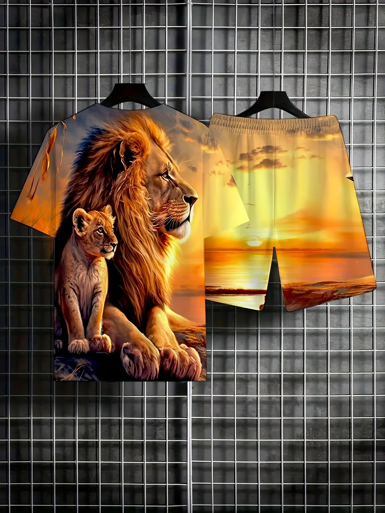 2024 New Men\'s Casual Short Sleeve T-Shirt Fashion Shorts 2-piece Set Lion Print Sportswear Suitable for Summer