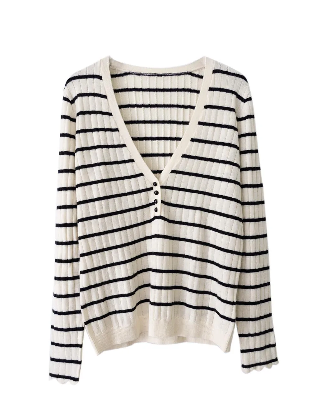 

Women Striped Deep V Neck Cotton Wool Sweater Long Sleeve Henley Jumper