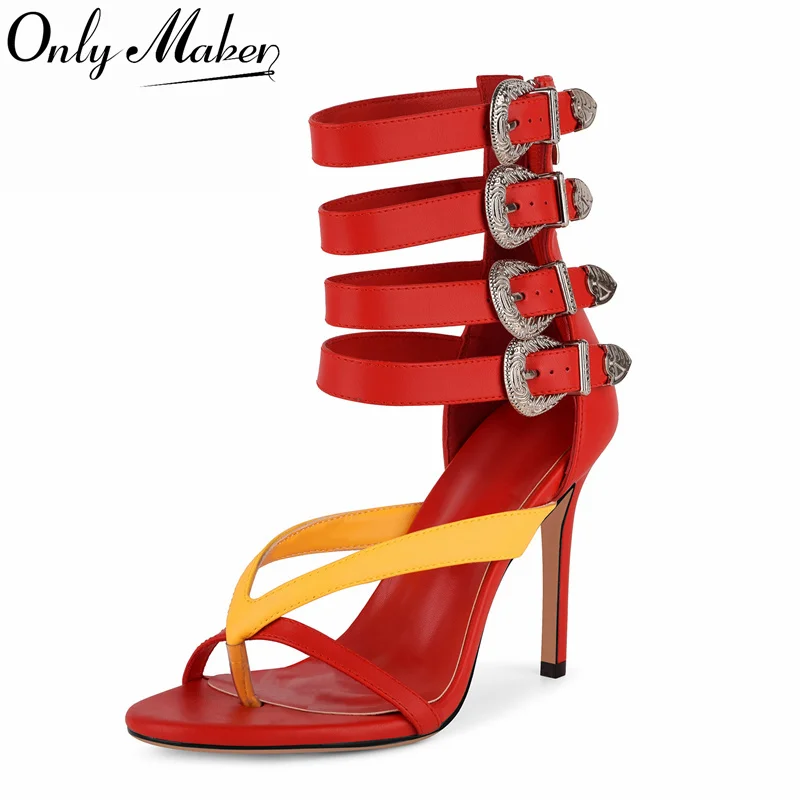 

Onlymaker Women Round Toe Multi Metal Buckle Sandals Back Zipper Rock Patchwork Punk Cool Sexy Stiletto Modern Sandals