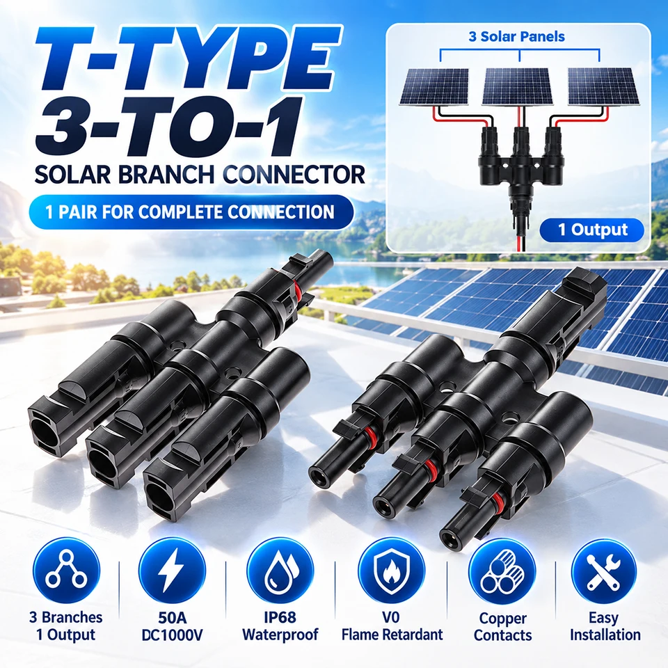 3 to 1 Solar Branch Connector Pair 50A DC1000V IP68 Waterproof T Type PV Parallel Adapter Connector for Solar Panel Systems