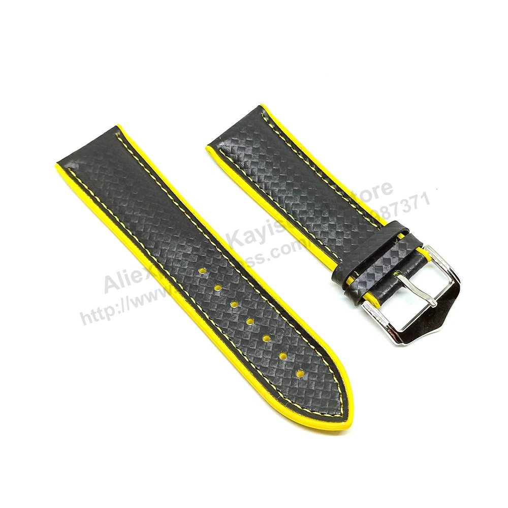 Fits/For Casio WVQ-550LE Wave Ceptor - Carbon Embossed Pattern Black Genuine Leather on Yellow Silicone/Rubber Replacement Watch