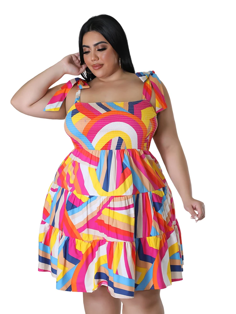 Plus Size elastico Mini abito da donna elegante stampa abito primavera estate signore collo abiti senza maniche Dropshipping all\'ingrosso