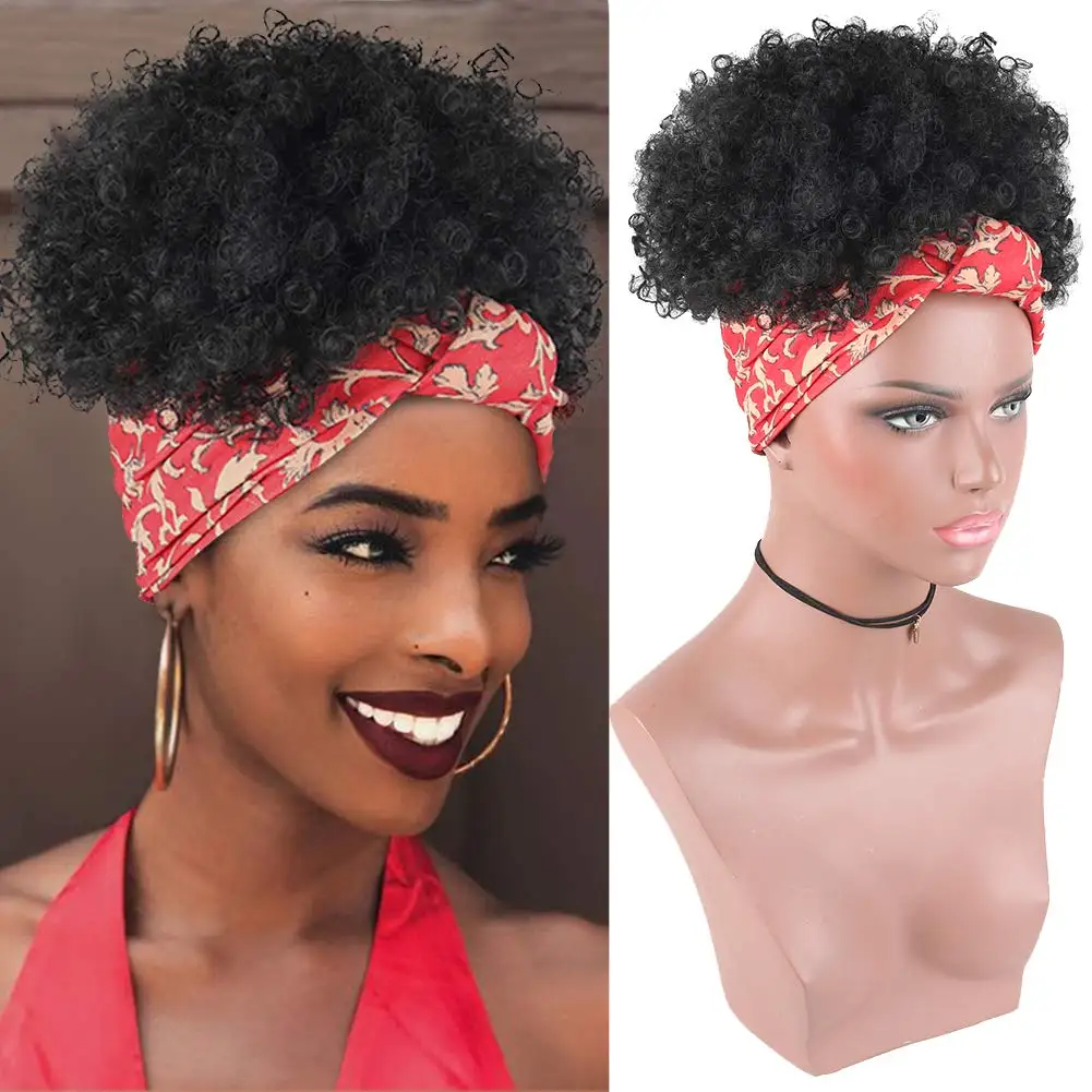 

Curly Wigs for Black Women,Headband Wigs with Bangs Wrap Wig 2 in 1 Synthetic Short Afro Kinky Curly Wig with Headband Attached