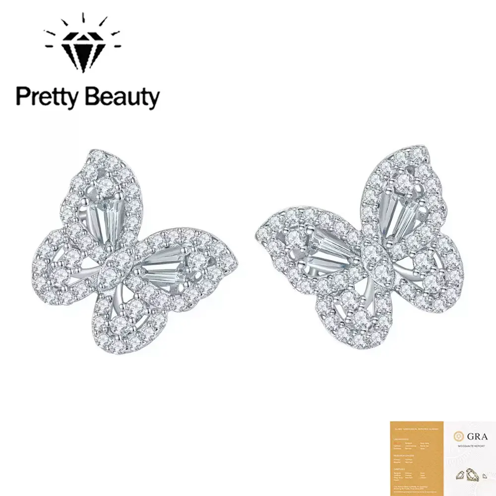 Pretty Beauty S925 Sterling Silver Moissanite Butterfly Stud Earrings Pave Diamond Dainty Sparkly Earring for Women Jewelry Gift