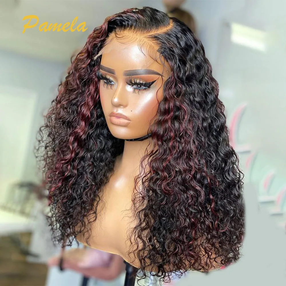 Peruca encaracolada frontal de renda transparente para mulheres, perucas de cabelo humano, destaque Borgonha, Ombre brasileiro, Go, 1b/99j