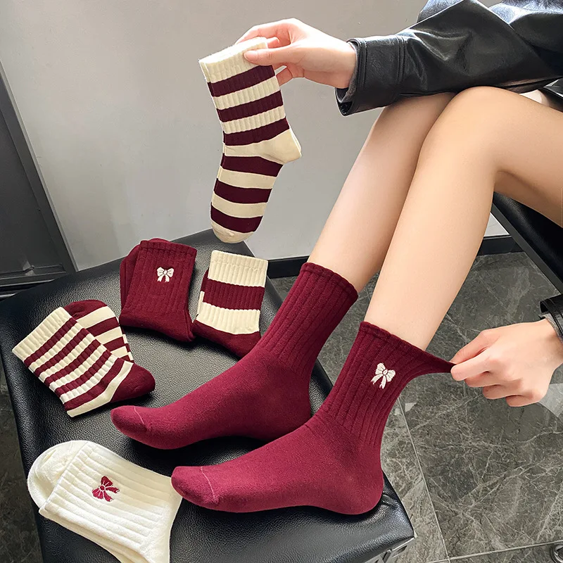 

5 пар женских удобных, стильных, красных, полосатых, с бантом, белых коротких носков, носков до середины икры