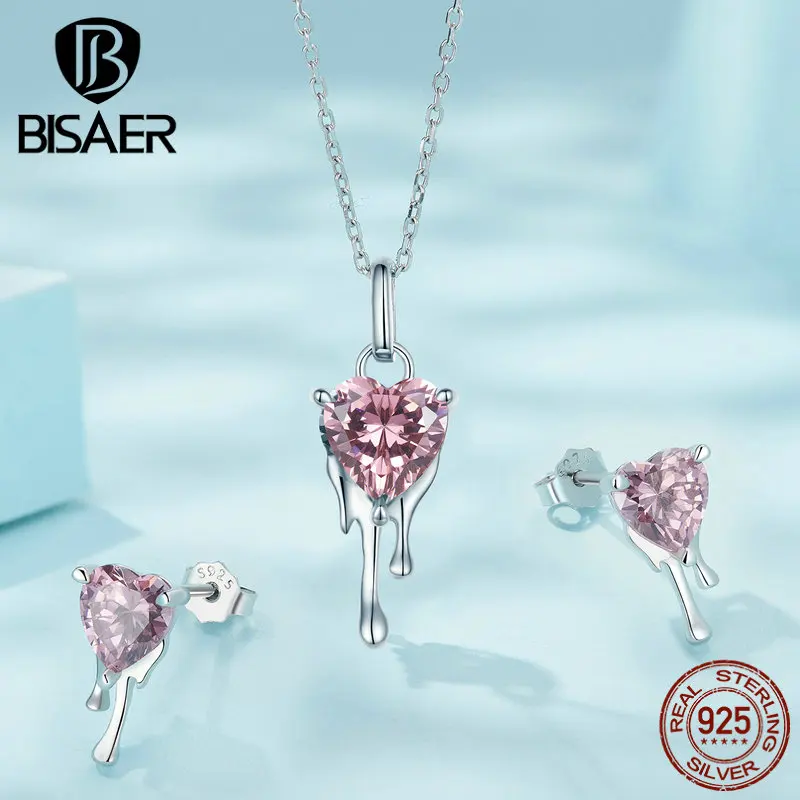 BISAER 925 Sterling Silver Pink Heart Jewelry Set Heart Zircon Irregular Drop Necklaces & Earrings For Luxury Party Fine Jewelry