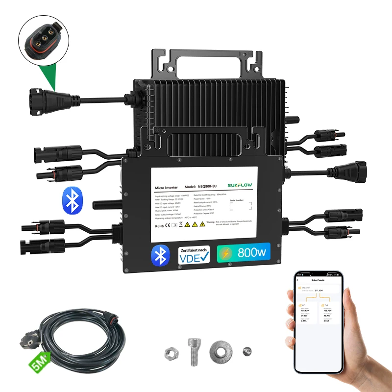 Balkon-Photovoltaik-Wechselrichter, Eingangsspannung 16~60V DC, Ausgang 230V AC, Sukflow 800W Mikro-Solar-Netzwechselrichter mit WLAN