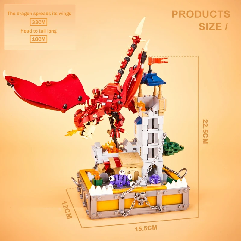 Kreatywny magiczny smok i osłona skarbów Wieża czarownic Bajka Model architektoniczny Zestaw klocków Monster Bricks Zabawka dla dzieci Gif