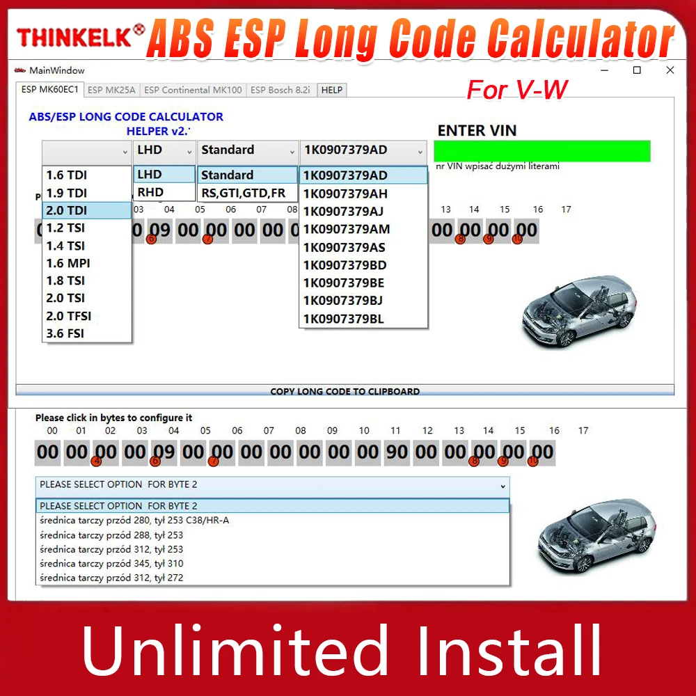 

Новейший калькулятор длинного кода ABS ESP 20%, помогающий MK60EC1, программное обеспечение для калькулятора длинного кода ABS ESP для V-W, неограниченная установка