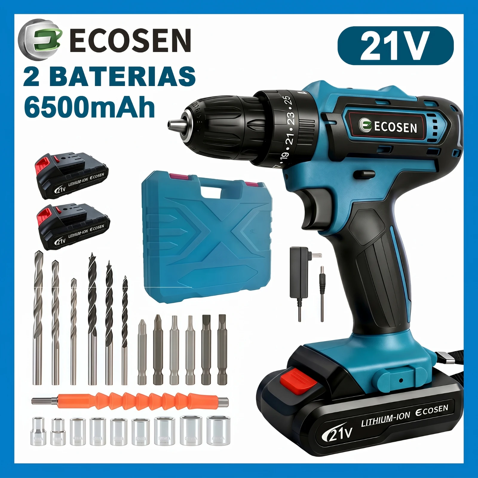 Furadeira Parafusadeira Impacto 3 em 1 21V 6500mAh com 2 Baterias, Kit Completo com 28 Peças e Carregador Bivolt