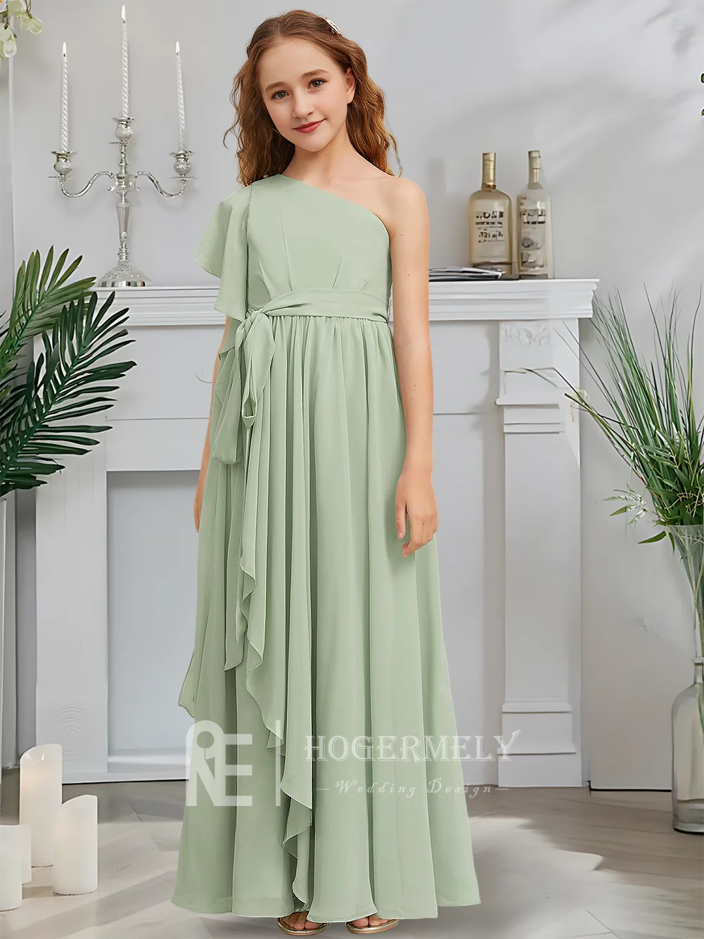 Дизайнерское платье трапециевидной формы для юных подружек невесты, мятное морозовое платье с цветочным узором для девочек, шифоновое платье на одно плечо, садовое гала-танцевальное свадебное платье