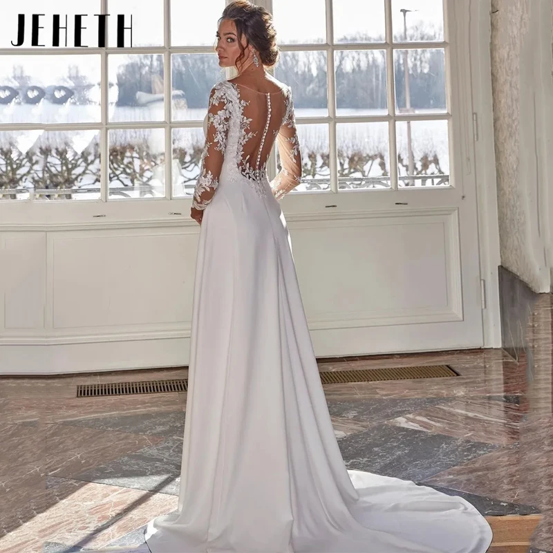 JEHETH abito da sposa a maniche lunghe in pizzo Vintage da donna in raso a-line abiti da sposa semplici scollo tondo elegante bottone Vestido De Novia Vintage Pizzo Maniche Lunghe Abiti Da Sposa Delle Donne Raso A-Line