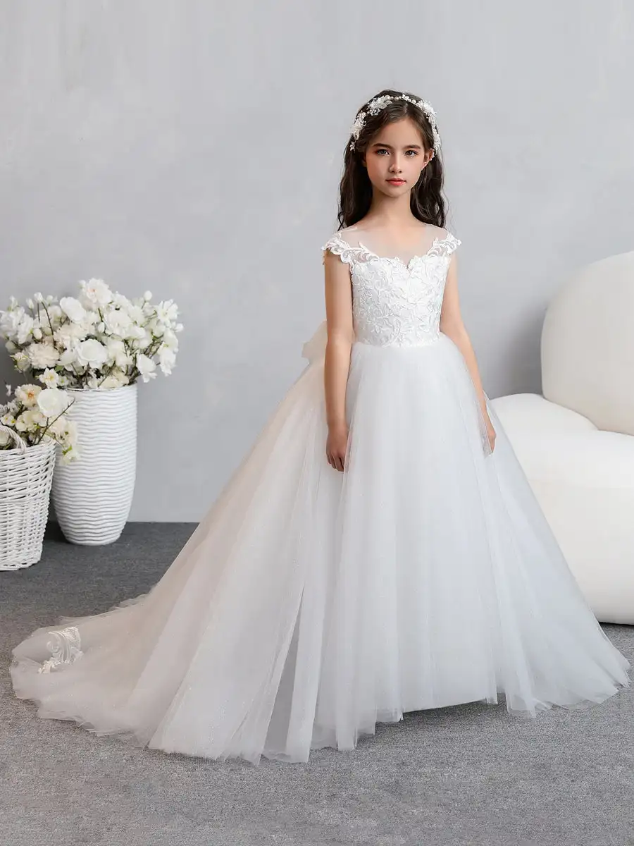 White Crew Neck Tulle Flower Girl Dresses With Applique & Satin Bowknot For Wedding and Birthday Party Dress