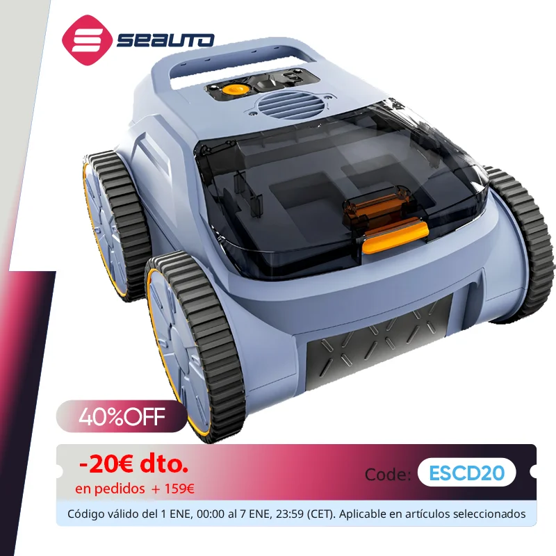 Aspirateur de piscine Seauto, 3 modes pour piscines intérieures/hautes sol jusqu'à 2150 m2. Pied, dure jusqu'à 150 minutes, escalade murale, moteur sans balais 180 W