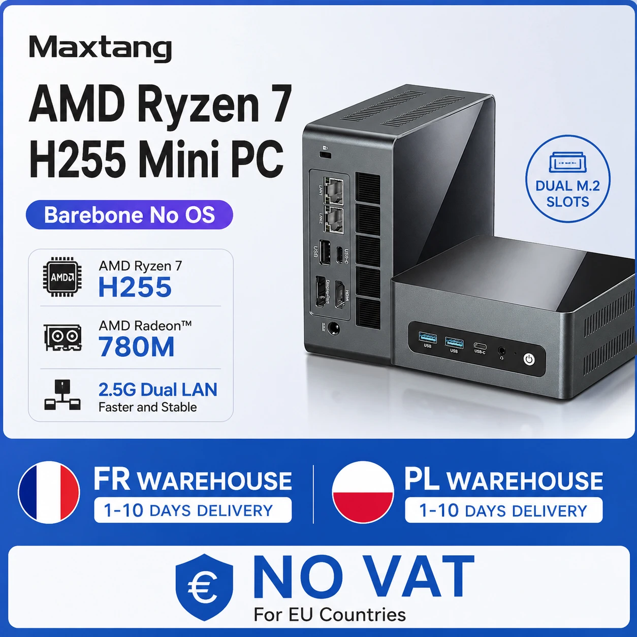 Mini PC Maxtang H255 AMD Ryzen 7 H255 Barebone sans système d'exploitation DDR5 USB4 double LAN 2.5G WiFi 6 BT5.2 Radeon 780M