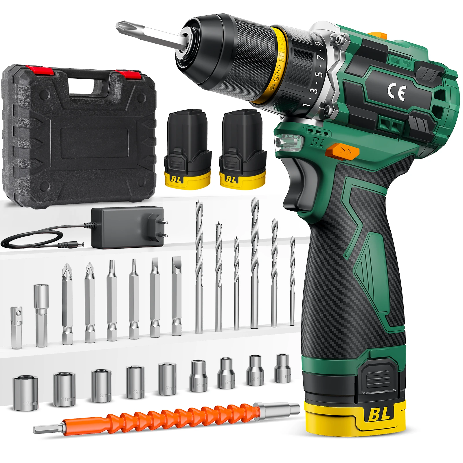 Controlador de taladro inalámbrico sin cepillo 16,8 V, destornillador con 2 x 2000 mAh, taladro de percusión máxima de 55 Nm, 20+3 pares, 2
