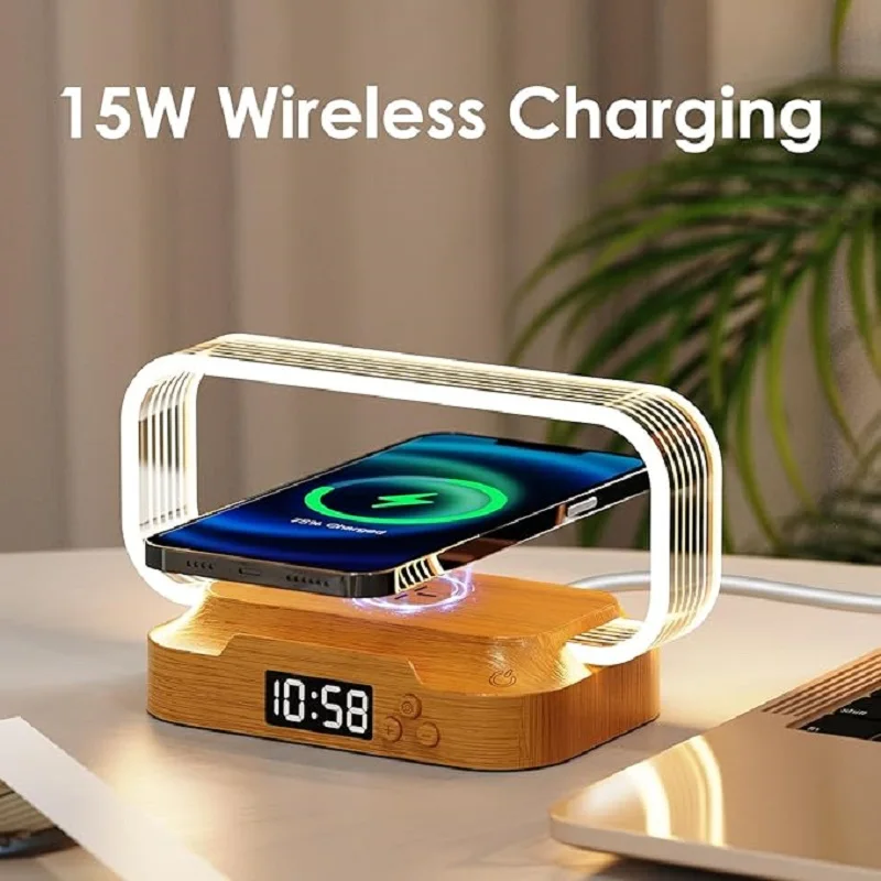 3-in-1 Multifunctional Desktop USB Mobile Phone Wireless Charger with Bedroom Table Lamp Night Light Clock