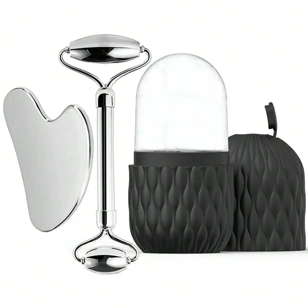 Rouleau de glace pour le visage et ensemble d'outils Gua Sha en acier inoxydable, masseur pour le visage, rouleau de glace, outil de soins de la peau, ensemble de beauté, outil de contour de levage