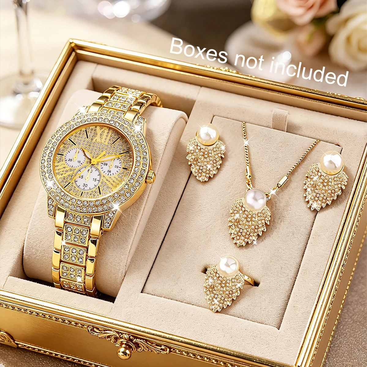 5-piece set, women's luxury fashion quartz watch paired with sparkling shell earrings, necklace, and ring set, is the best choice for women's gifts, suitable for year-round wear and for any occasion/gift-giving