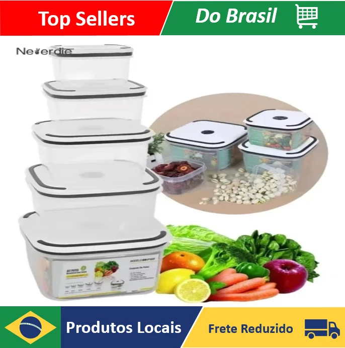 Kit De 5 Potes Herméticos Plastico Para Mantimentos Micro-ondas Alimentos Geladeira Frutas Marmita - Neverdie Store