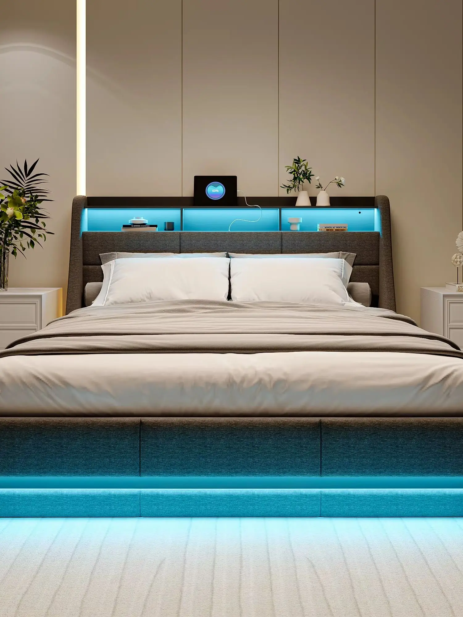 Superaly, 140x200 cm Doppelbett, 160x200 cm LED-Polsterbett, hydraulisches Bett, Schlafzimmerbettgestell, Stauraumbett mit Gasdruckfedern, mit Lichtleisten am Kopf- und Fußende des Bettes, Kopfteil