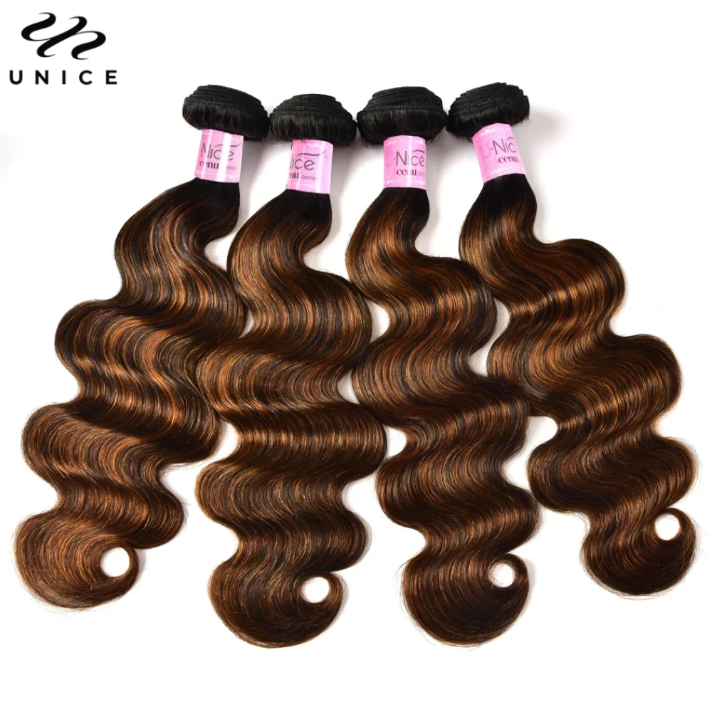 Unice FB30 Balayage Highlight Body Wave Human Hair Bundles 3PCS Deal 100% Human Hair Ombre Brown Colored Bundles Sew In Weaves