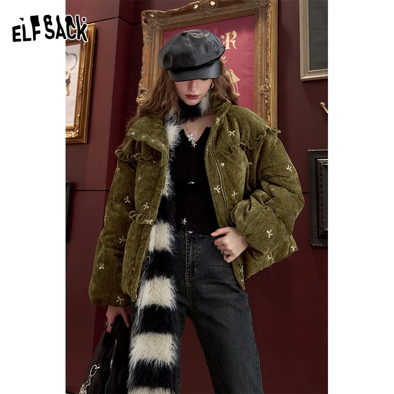 ELFSACK 2024 Winter New Arrivals Bow embroidery down jacket for women, sweet and cute warm velvet cloth thick warm coat