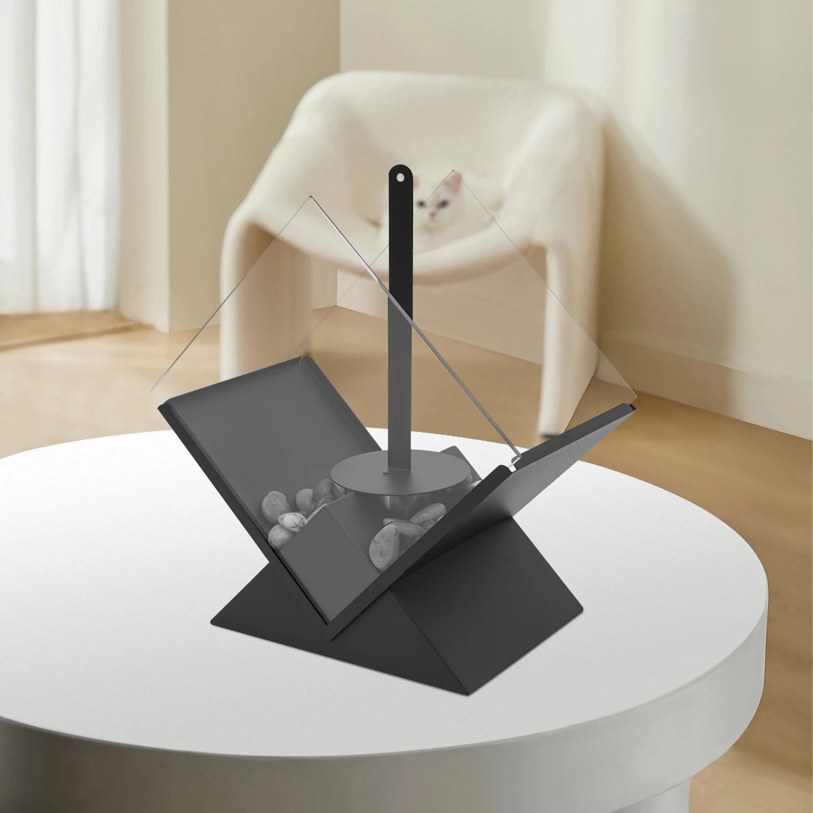 حفرة نار من الزجاج والمعدن الأسود مع أحجار زخرفية، مدفأة على الطاولة للاستخدام الداخلي أو الخارجي لطاولة الطعام، طاولة الحفلات