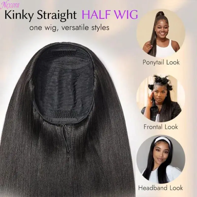 

Nexora Full Density Kinky Straight 1B Black Half Wig Human Hair Easy Blend Comfortable Fit for Women Daily Wear