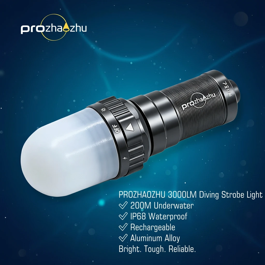 PROZHAOZHU 3000 Lumen Underwater Diving Strobe Rechargeable 26650 Battery IP68 Waterproof 150M Depth Scuba Beacon Signal