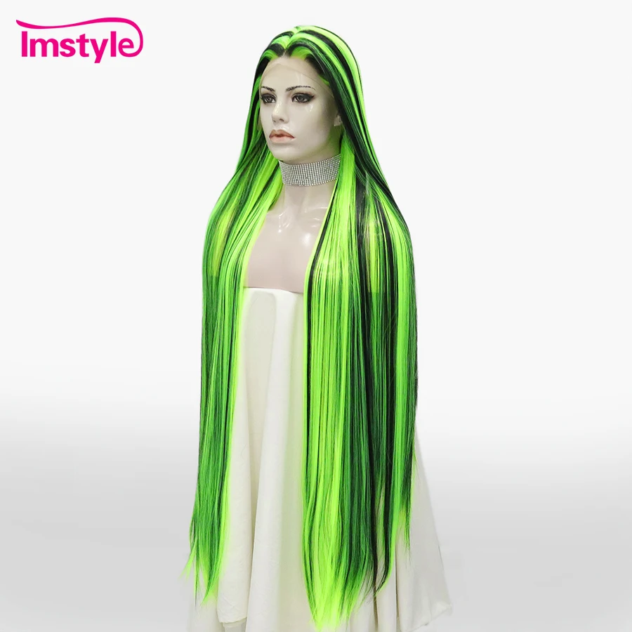 Imstyle 44 "Wig Super panjang renda sintetis Wig depan neon hijau campuran Wig hitam Wig rambut lurus serat tahan panas