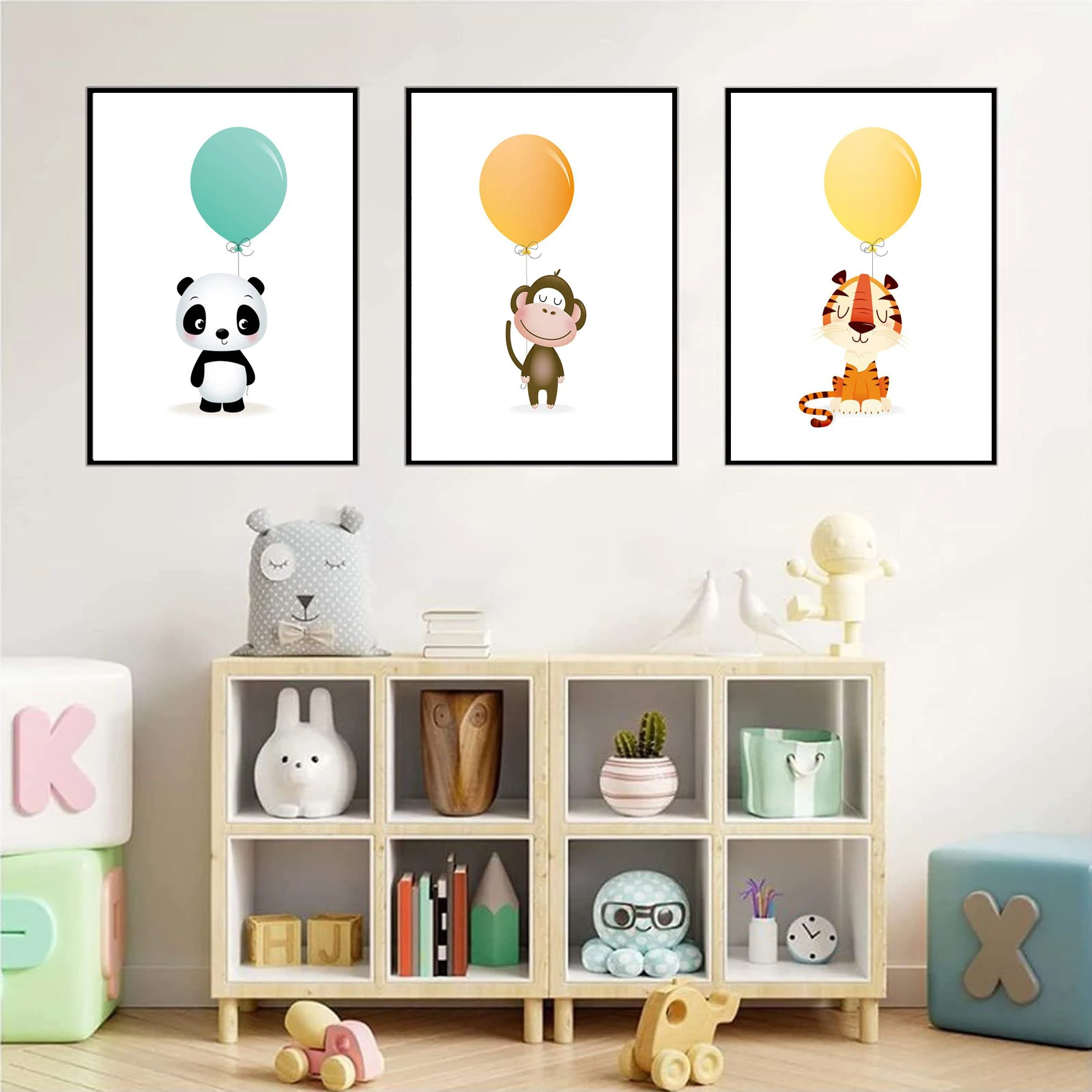 

Watercolor Balloon Panda Monkey Tiger Animal Canvas Painting Artwork Art Print Poster Picture Child Bedroom Home Decor