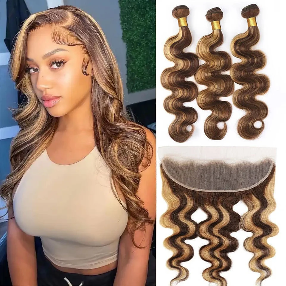 Body Wave Bundle With Lace Frontal Honey Blonde Highlight P4/27 Color 3 Bundles With 13x4 HD Lace Frontal Human Hair Extensions