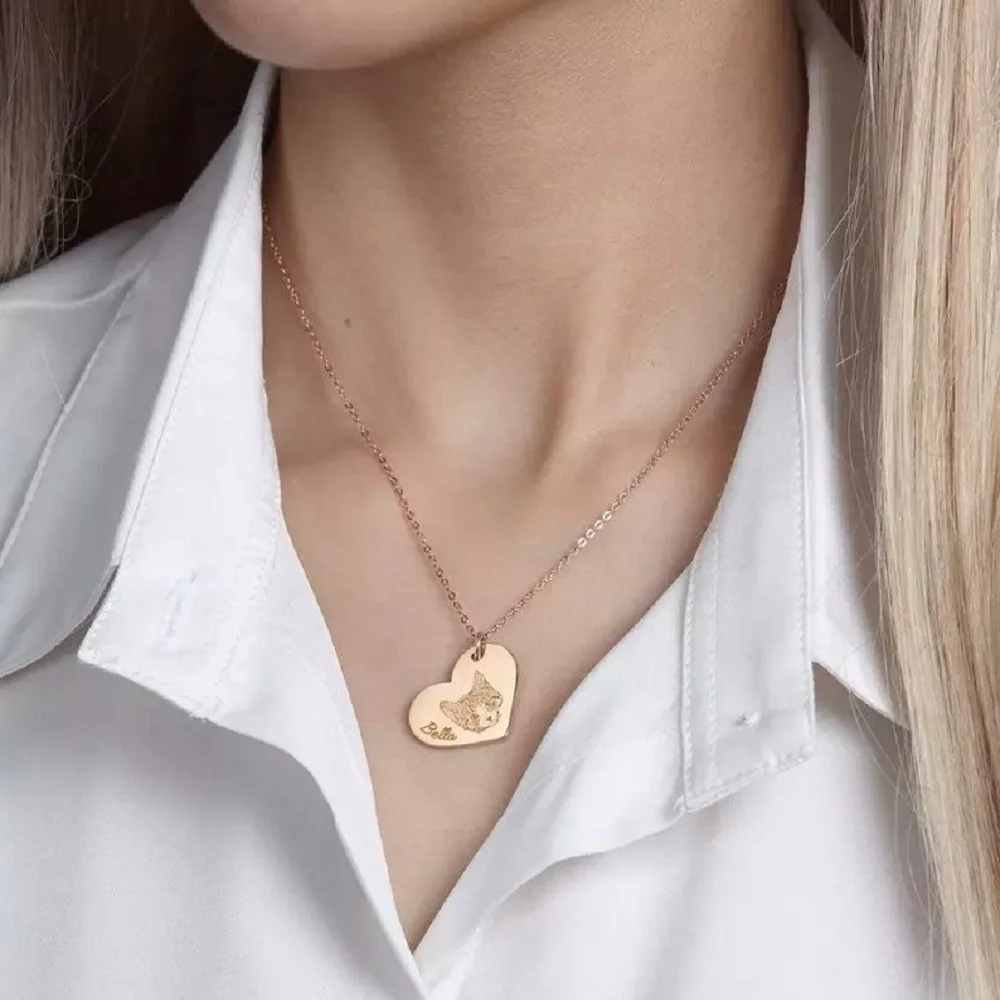 Heart-shaped Pet Photo Necklace Engraved Name Pendant Personalized Portrait Animal Image Charm Memorial Jewelry Gifts For Women