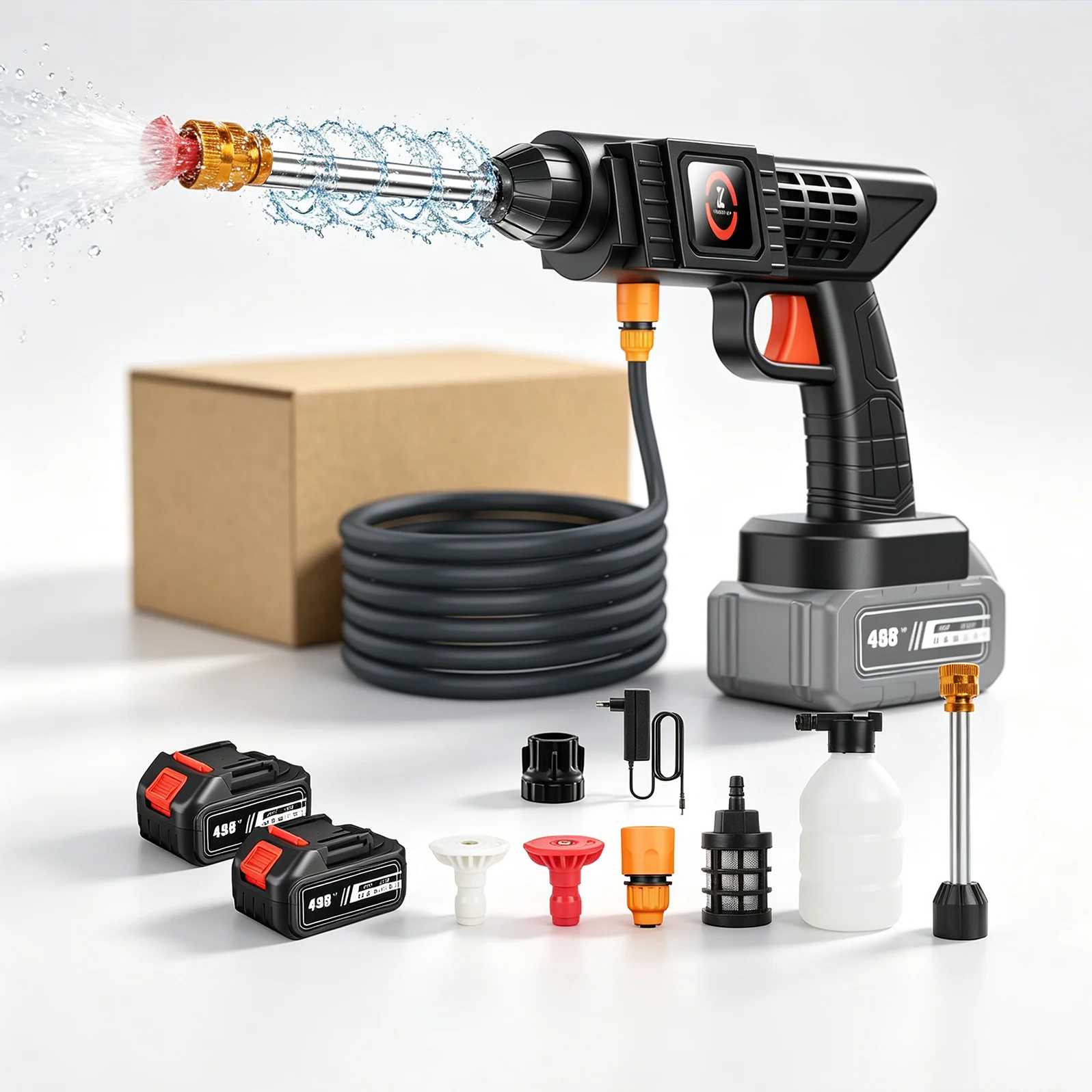 Pistolet de lavage haute pression sans fil, nettoyeur haute pression portable 21V 50 bars, batterie lithium 10000mAh/20000mAh autonomie 20-60 min, auto-amorçant double filtration, 0 °   40 °   Buses à