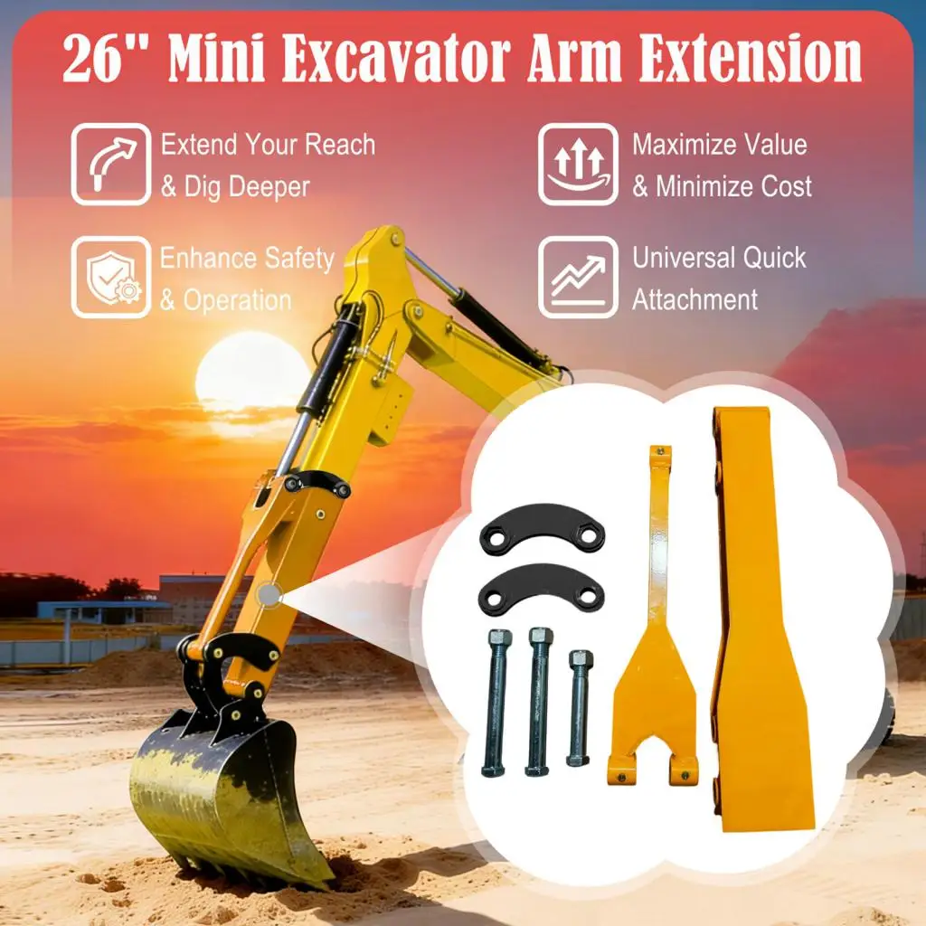 Mini Yellow Excavator Accessories Quick Install Arm Extension Durable Steel Machine Part, for Ditch Cleaning and Trench Digging