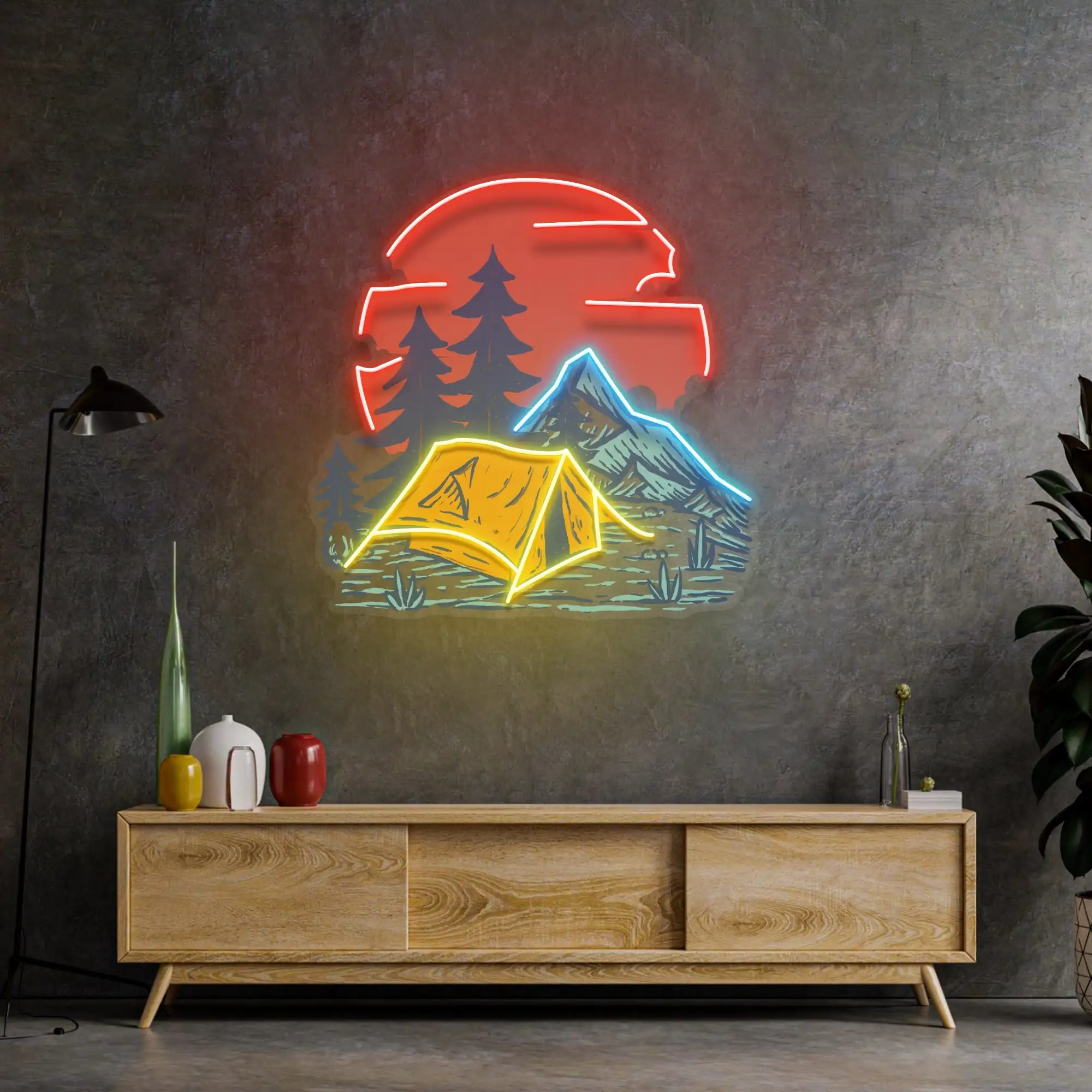 Camping Moon Neon Sign Pop Art Wall Decor Mountain Scenery Sign Children Teens Bedroom Dimmable Sign Birthday Gift Bar Club Neon