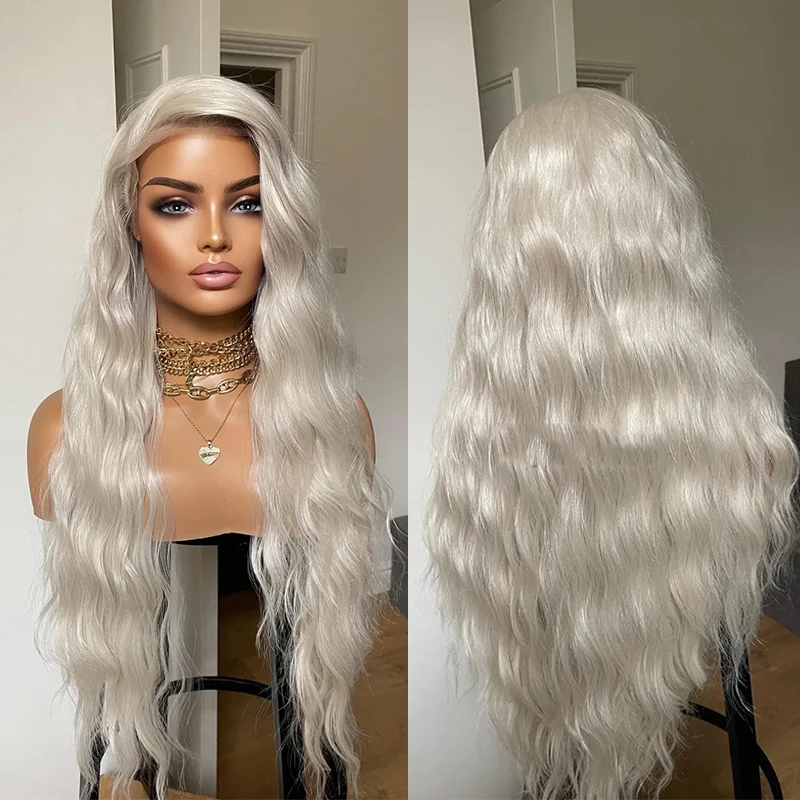 

Platinum Blonde Hair Wig Ash White Loose Deep Wave Wig Free Part Lace Front Wig Heat Safe Synthetic Wig For Women Hair Loss Wig