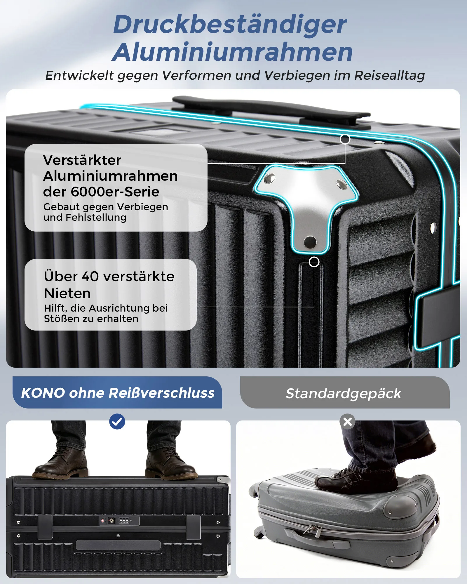 Afbeelding 4: KONO 3-delige kofferset 20+24+28 inch, harde PC trolleys met bekerhouder, aluminium frame zonder rits, TSA-slot en 4 draaibare wielen voor gezins- en zakenreizen