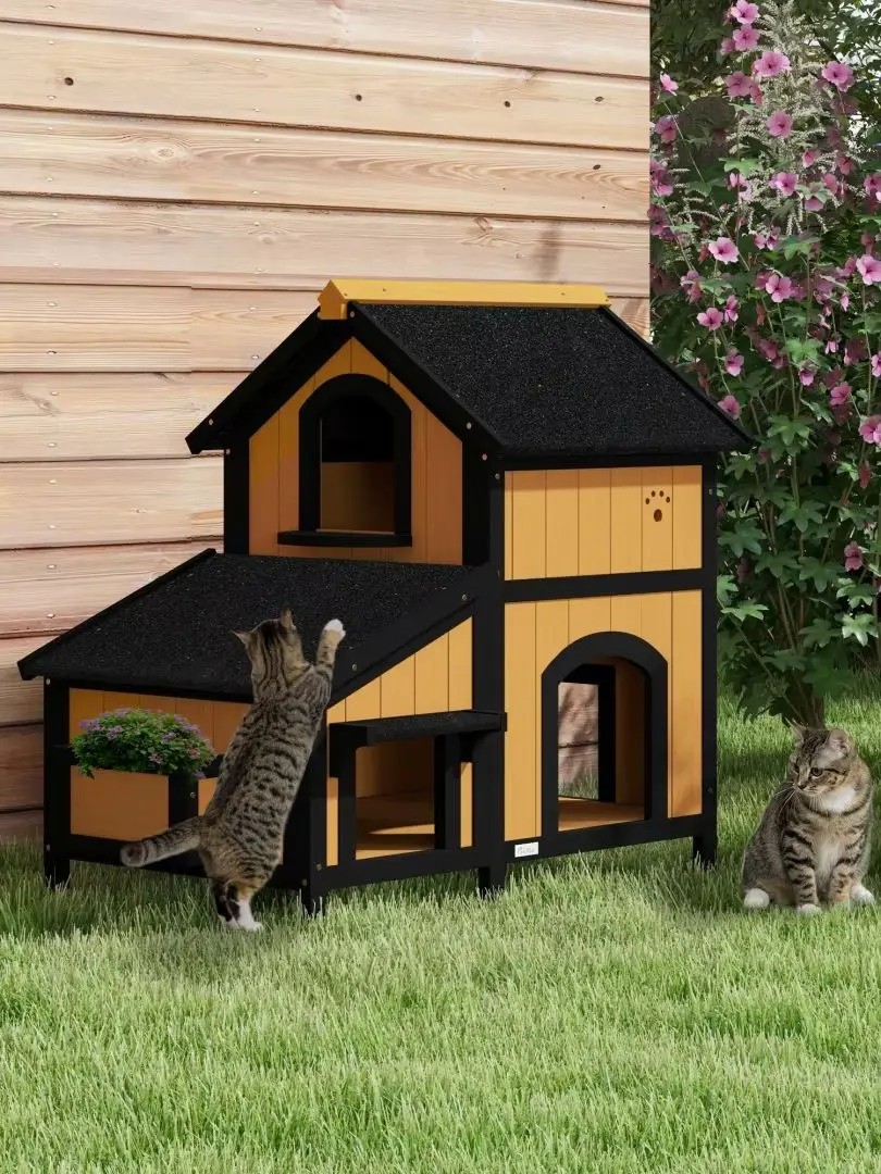 Kattenhuis, grenen materiaal, kattenverblijf met meerdere ingangen, structuur met twee verdiepingen, buitenkattenhol, huisje voor kleine dieren met asfalt dak, bloempot, koudebestendig ontwerp,