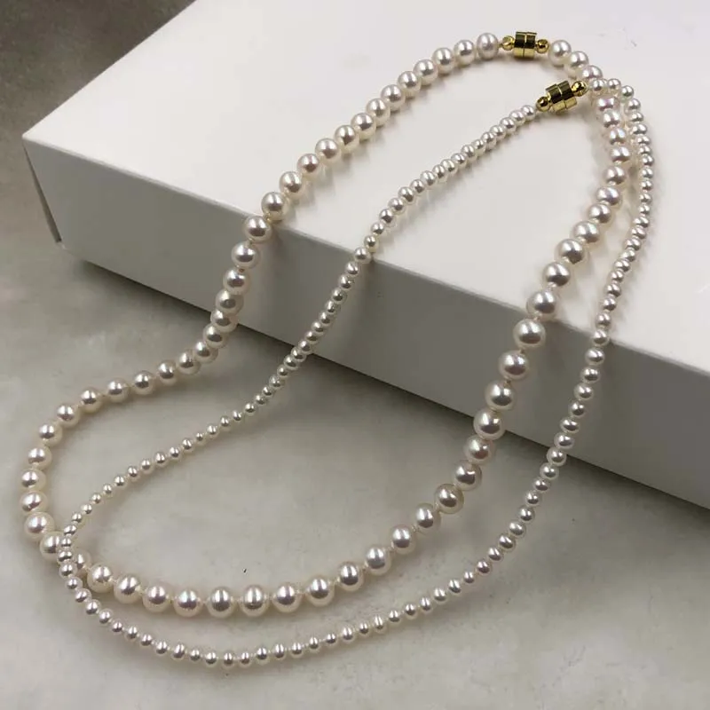 ELEISPL 2 Strands 3-4mm and 6mm White Fine Pearls Necklace Gold Magnetic Clasp