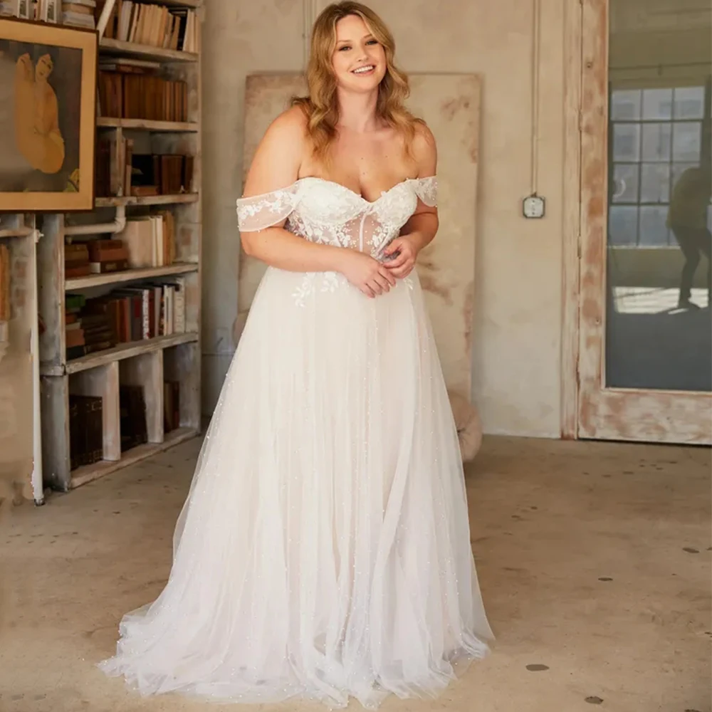 

Sweetheart Off the Shoulder Wedding Dress Short Sleeve Tulle Bridal Applique A-Line Customized Sweep Train Gown Sexy Open Back