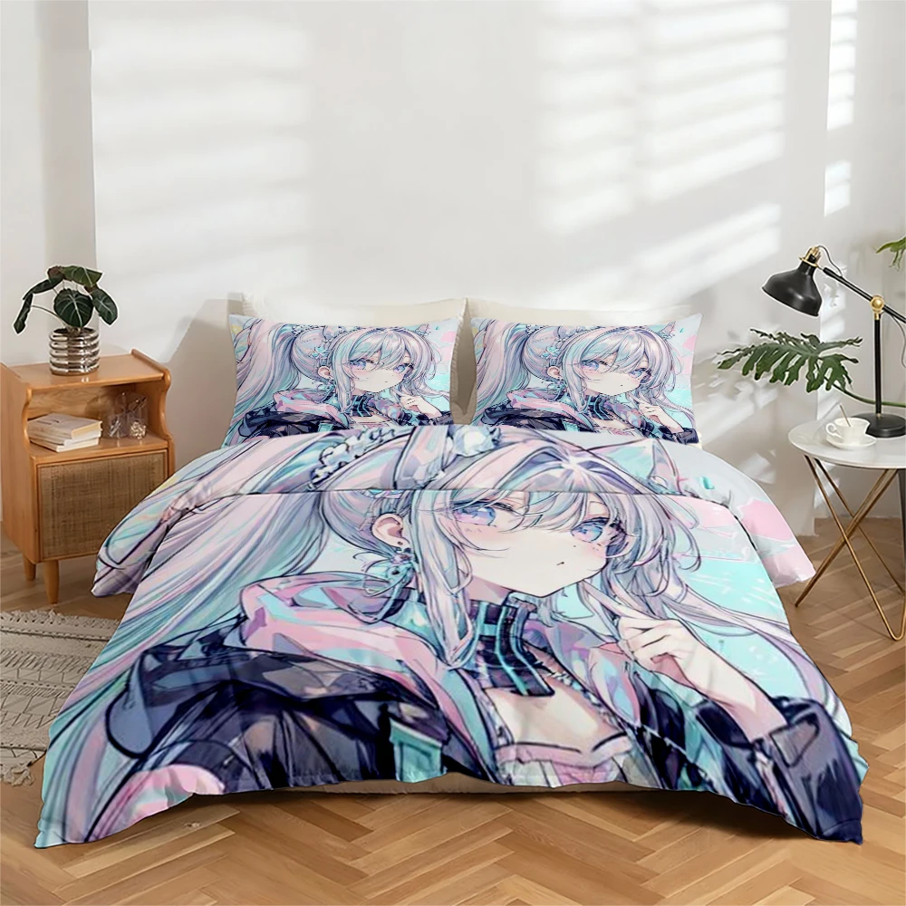 高精細デジタルプリント寝具セット、初音ミク柄布団カバーセット、大きな花柄布団カバーセット、布団カバー1枚-枕カバー2枚入り、寝室、客室、家の装飾に最適、ポリエステル繊維布団カバー-枕カバー3点セット、超ソフト寝具、厚手生地、オールシーズン対応、洗濯機洗い可能、3点セット