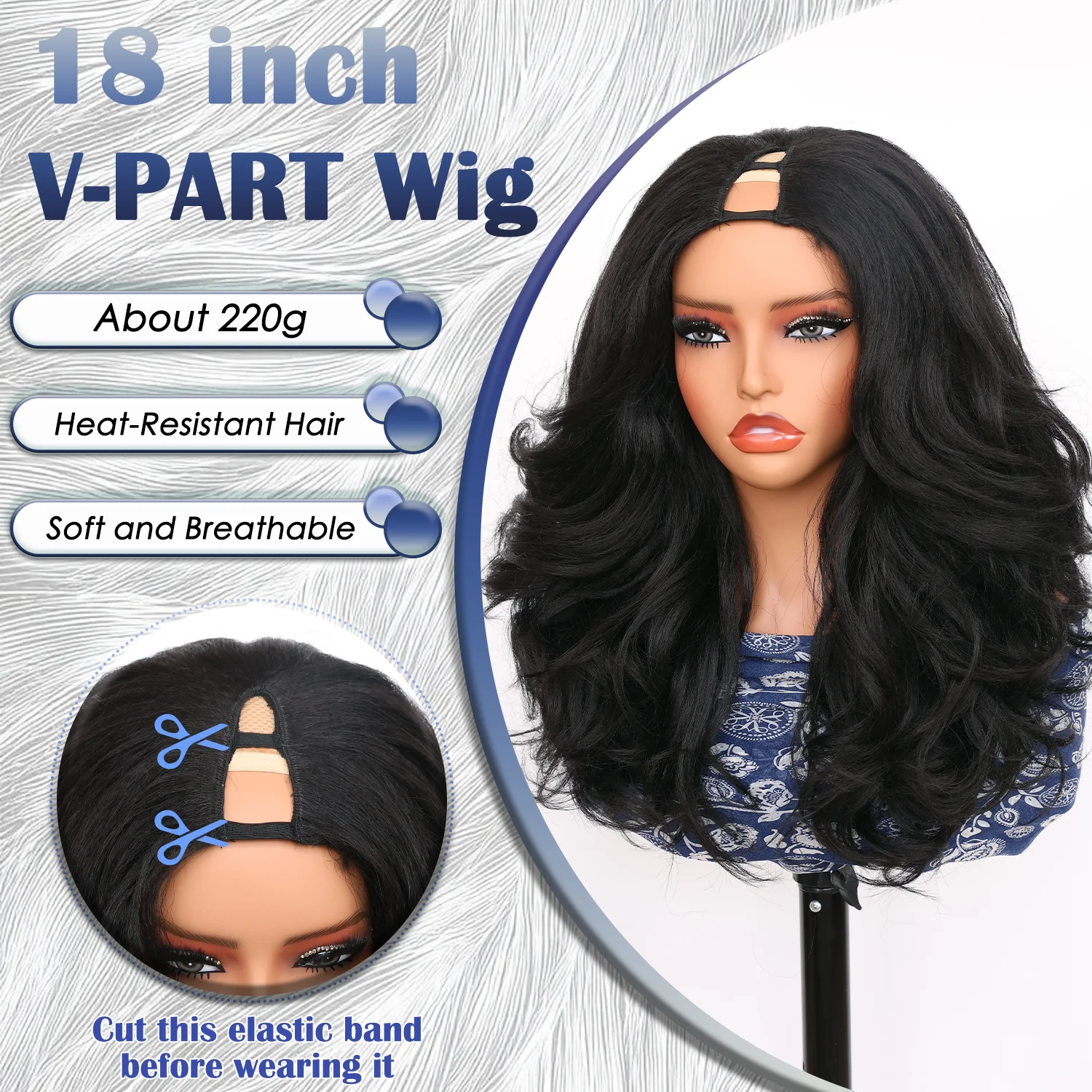 20 Inch Layer Synthetic Hair V-Part Wig 3 IN 1 Half Wig Long Water Wave Curly Wig Invisible Hairline Black Color Glueless Wig