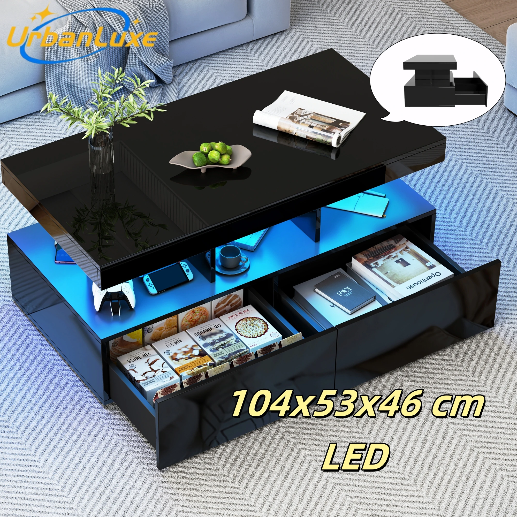 Couchtisch mit LED-Beleuchtung und 2 Schubladen, Hochglanz, Wohnzimmer Couchtisch, moderner Couchtisch, 104x53x46cm (schwarz)